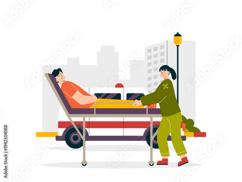 Emergency medical personnel transporting a patient on a stretcher to an ambulance. Helping people illustrations. Flat vector concepts.