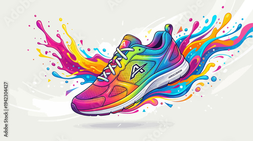Colorful Running Shoe with Abstract Splash Motion – Modern Sports Sneaker Vector Illustration