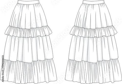 Boho tiered skirt fashion flat, ruffle midi skirt vector, woman clothing design, stylish layered skirt sketch, fashion garment template, detailed apparel illustration