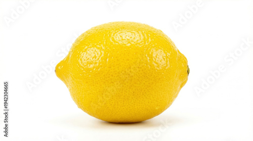 A bright yellow lemon sitting on a plain white surface