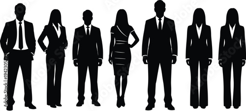 Business professionals silhouette, formal office attire, diverse corporate team, teamwork illustration, businesspeople standing, leadership concept, professional group vector, office staff clipart, 