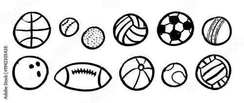 Crayon hand drawn sport ball collection. Kid pencil drawing pack for sticker, collage, label. Black pastel doodled football, baseball, basketball, volleyball, soccer balls set. Vector outline sketches