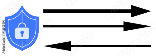 Cybersecurity, data encryption, internet safety, secure communication, digital protection, data exchange. Blue shield with lock icon and black arrows. Cybersecurity and data encryption concept