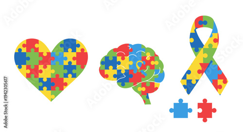 Vibrant puzzle piece heart, brain, and ribbon vector illustration, symbolizing neurodiversity awareness, support, and acceptance for developmental conditions