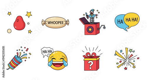 A Collection of Whimsical Celebration and April Fools' Day Icons Featuring Humor and Surprise