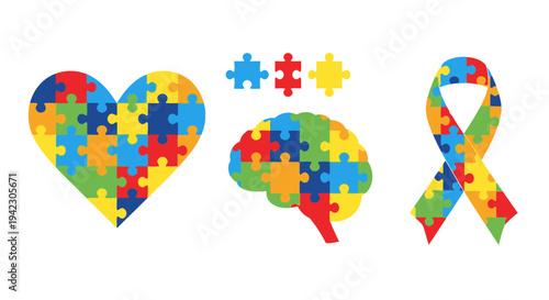 Puzzle Pieces Symbolizing Autism Awareness Heart, Brain, and Ribbon Illustrations