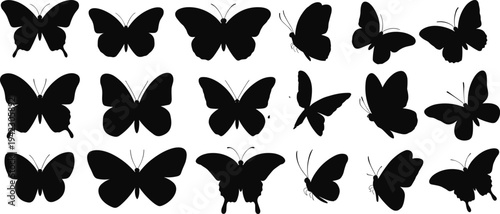 Butterfly silhouettes collection, black flying insects, isolated vector design, nature winged shapes, artistic butterfly clipart, insect graphics, wildlife illustration, 