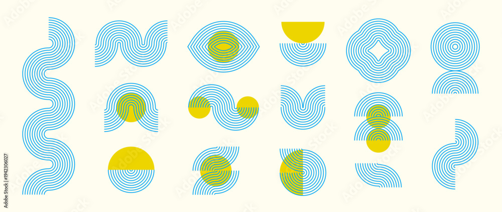 Obraz premium Blue boho linear element collection. Bohemian decorative wave and curve form set for badge, logo, card, poster, banner. Mid century geometric line arch and zigzag objects. Vector wavy arch shapes