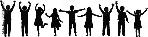 Silhouette of happy children jumping, kids with raised hands, group of boys and girls, playful pose, childhood fun, isolated black figures on white background
