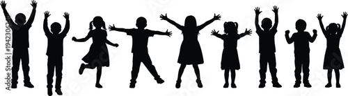 Happy children silhouette, kids jumping together, group of children playing, joyful childhood moments, fun outdoor activity, energetic kids dance, excited youth, freedom, happiness, silhouette joy
