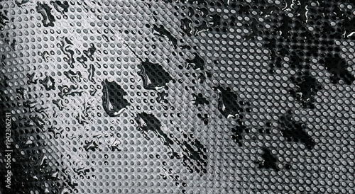 Rainwater on perforated rubber surface with dark abstract pattern. Glossy droplets over industrial mat creating moody textured backdrop. Black tactile flooring with wet reflective details 