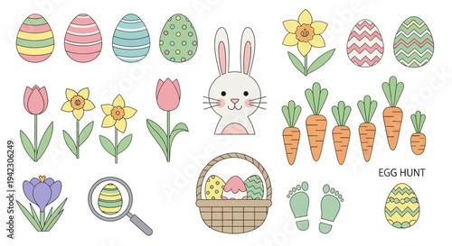 Spring Easter vector set with decorated eggs, cute bunny, blooming flowers, carrots, and an egg basket, perfect for holiday designs