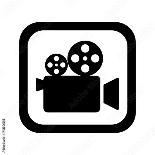 Vintage film camera icon. Movie recorder symbol with reels. Cinema production and videography graphic element for media.
