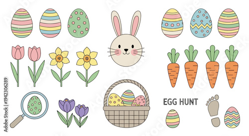 Happy Easter vector set featuring eggs, flowers, bunny, carrots, and a basket, perfect for spring holiday designs