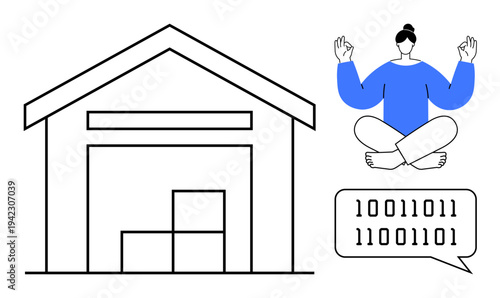 Logistics, warehouse management, mindfulness, data processing, digital innovation, mental clarity. Warehouse with boxes, binary code text meditating figure. Logistics and mindfulness integration