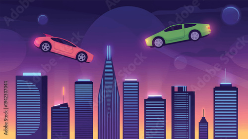 Pink and green sports cars flying over a futuristic city skyline at dusk, with skyscrapers flying car