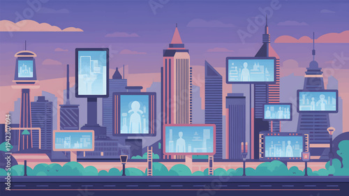 Futuristic cityscape with digital billboards displaying human silhouettes, urban technology