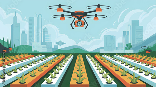 Drone flying over an urban farm with rows of green plants and a city skyline, agriculture technology