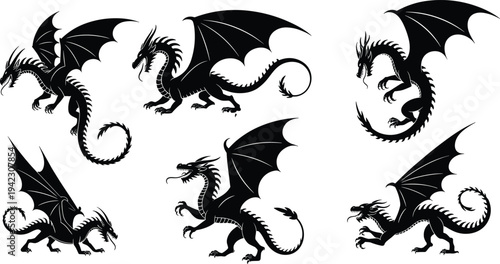 Collection of six black dragon silhouettes, fantasy mythical winged dragons in various poses, medieval fantasy art, magical creature vector design, fire-breathing beast illustration
