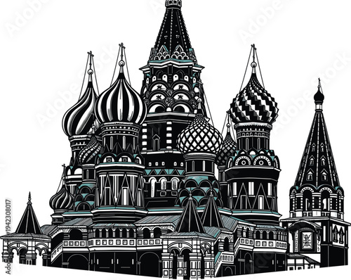 Artistic black, white, and teal illustration of Saint Basil’s Cathedral in Moscow, featuring onion domes, ornate façade, Russian cultural heritage, iconic architecture, and creative artwork projects