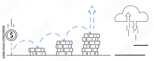 Financial growth concept. Coin stacks signify investment and profit, while a cloud data exchange. Financial growth is key for digital banking, fintech, budgeting tools, revenue analysis, business