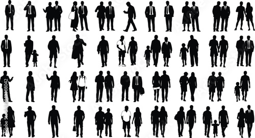 Crowd silhouette collection, walking people illustration, urban lifestyle concept, business and casual figures, diverse human silhouettes, city pedestrians, men women children group pose