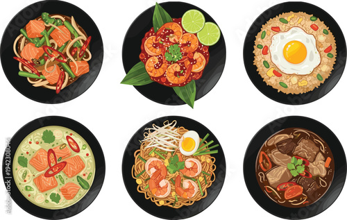 Asian food dishes collection including noodles, shrimp curry, fried rice, soup and beef stew, colorful traditional cuisine bowls vector illustration isolated on white background