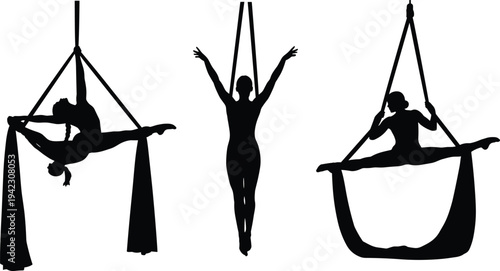 Aerial yoga silhouettes set with woman performing aerial hammock poses, acrobatic fitness and flexibility training concept vector illustration isolated on white background