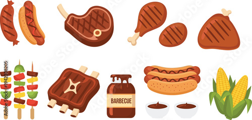 Barbecue food collection with grilled steak, sausages, chicken drumsticks, ribs, corn and skewers, summer BBQ meal vector illustration set isolated on white background