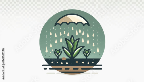 Vintage Icon of Protected Plant Growth with Umbrella and Rain. Agriculture, Nurturing, and Environmental Care Concept Illustration.