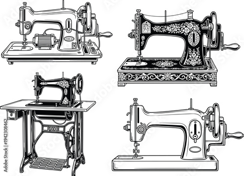 Black and white illustration of four vintage sewing machines with ornate details, treadle and hand-crank designs, artwork concept for fashion, textile, craft, and manufacturing projects