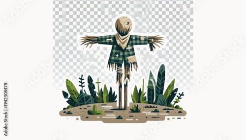 Stylized Rustic Scarecrow Character Illustration. Isolated Autumn Harvest Icon on Transparent Background.