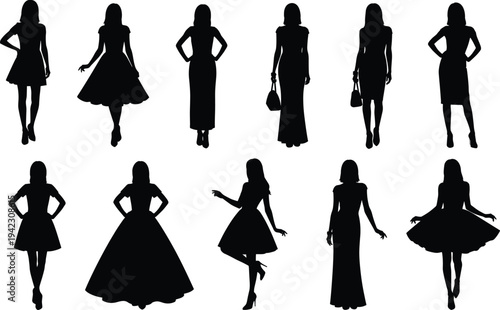Fashionable women silhouettes, elegant dress poses, stylish female figures, black fashion shapes, retro and modern outfits, feminine silhouettes, chic models, fashion design clipart