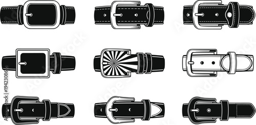 Black and white illustration of nine different belt buckle designs arranged in grid, symbolizing fashion accessories, garment detail, leather strap design, and creative artwork projects