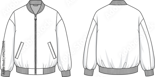Front and back view of bomber jacket flat sketch, ribbed collar and hem, zip closure, slanted pockets, casual outerwear fashion design template, technical drawing