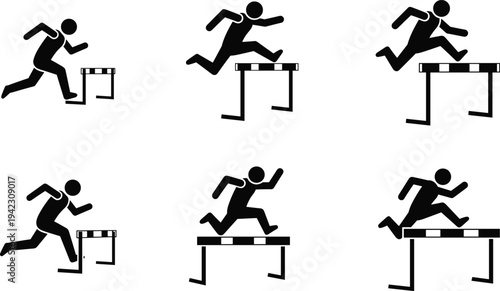 Black silhouette illustration of athlete running and jumping hurdles in multiple stages, symbolizing track and field, sports motion, competition, training, and creative artwork projects
