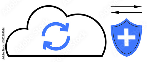 Cloud technology, data synchronization, cybersecurity, safe storage, digital transfer, secure online communication. Cloud with sync arrows and shield with cross. Cloud technology and cybersecurity