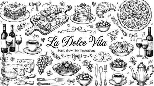 Italian cuisine hand drawn ink illustration set, pizza pasta wine cheese dessert collection, vintage food sketch elements for restaurant menu design