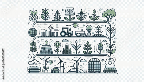Smart Agriculture Flow Chart: Modern Farming, Sustainable Technology, and Food Supply Chain Line Art Illustration