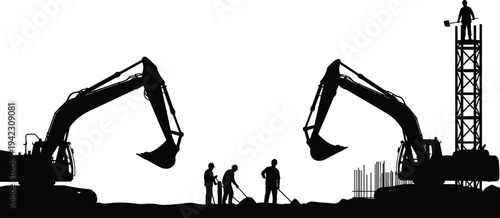 Black silhouette illustration of construction site with excavators, workers, scaffolding, and rebar structures, symbolizing teamwork, heavy machinery, manual labor, industrial development, and creati