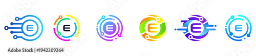 Minimal abstract letter E logo featuring colorful gradient circles and technological elements