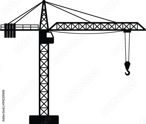 Tower crane silhouette vector icon, construction site lifting machinery illustration, industrial engineering equipment isolated for building and infrastructure design