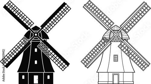 Traditional windmill vector illustration set, vintage countryside mill silhouette and outline design, classic rural architecture icon isolated for logo branding