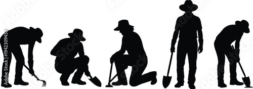 Black silhouette illustration of five workers engaged in gardening and digging activities with tools, symbolizing manual labor, agriculture, outdoor work, landscaping, and creative artwork projects