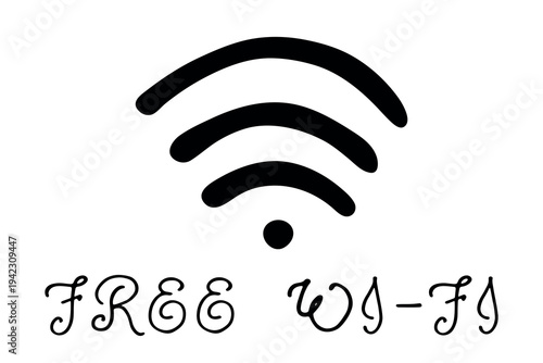 Hand drawn free wifi spot zone sign Public wi-fi area sign Wireless internet clipart in doodle style Single element for print, web, design, decor 3G, 4G, 5G, 6G, IoT