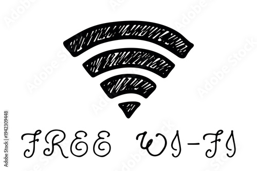 Hand drawn free wifi spot zone sign Public wi-fi area sign Wireless internet clipart in doodle style Single element for print, web, design, decor 3G, 4G, 5G, 6G, IoT