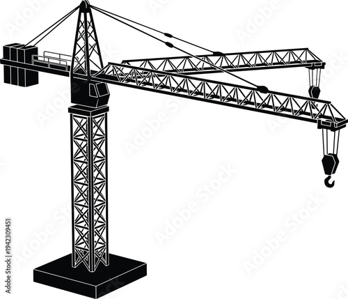 Construction tower crane silhouette vector illustration, heavy lifting industrial equipment icon, building site machinery isolated for engineering and construction design