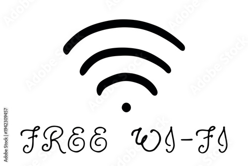 Hand drawn free wifi spot zone sign Public wi-fi area sign Wireless internet clipart in doodle style Single element for print, web, design, decor 3G, 4G, 5G, 6G, IoT