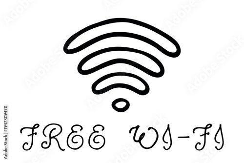 Hand drawn free wifi spot zone sign Public wi-fi area sign Wireless internet clipart in doodle style Single element for print, web, design, decor 3G, 4G, 5G, 6G, IoT