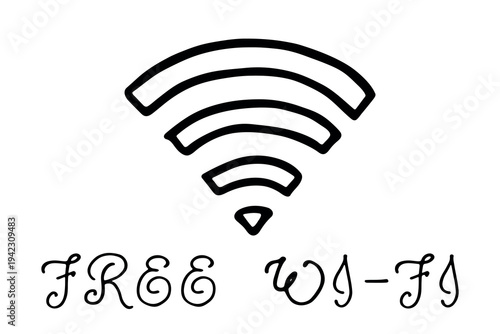 Hand drawn free wifi spot zone sign Public wi-fi area sign Wireless internet clipart in doodle style Single element for print, web, design, decor 3G, 4G, 5G, 6G, IoT